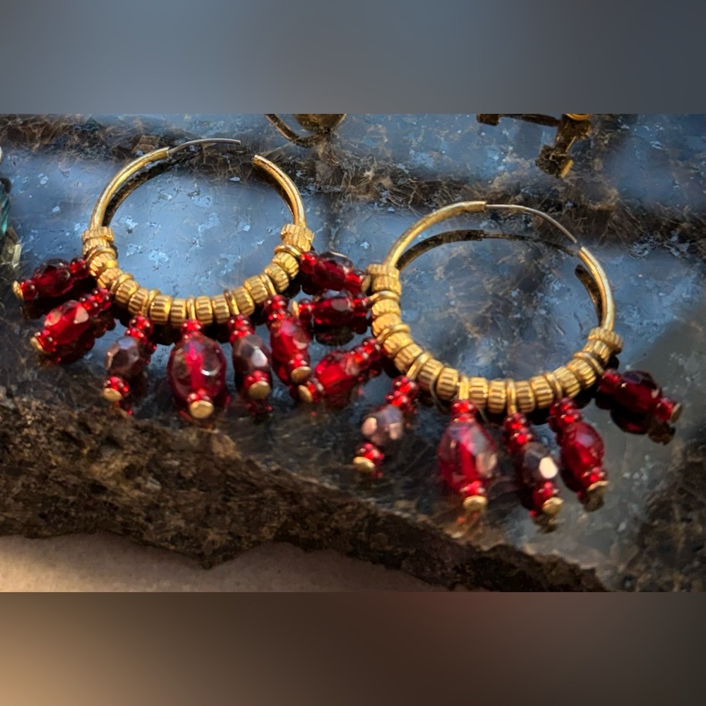 Elegant Gold and Red Beaded Hoop Earrings